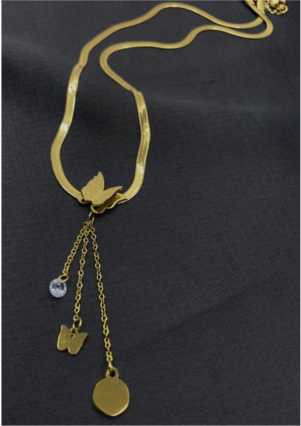 Gold Renk Çelik Italyan Zincirli Kelebek Figürlü Kolye