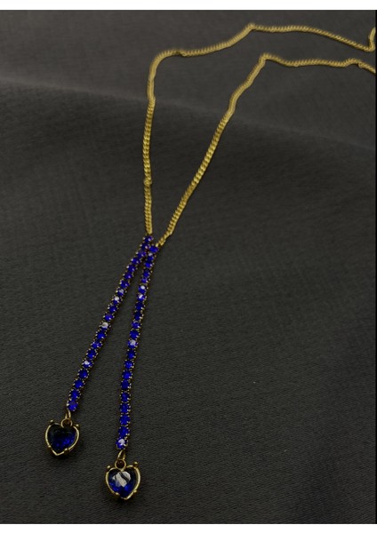 Gold Renk Mavi Taşlı Sallantılı Zarif Çelik Abiye Kolye