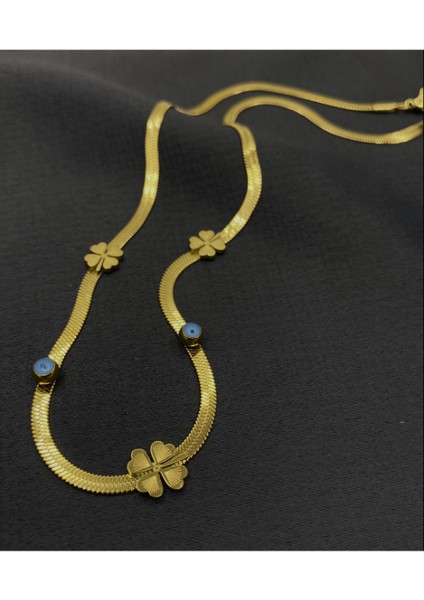 Gold Renk Italyan Zincirli Nazar Boncuklu Yonca Şekilli Çelik Kolye