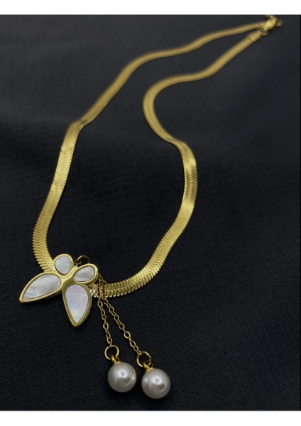 Gold Renk Italyan Zincirli Kelebek Desenli Çelik Kolye