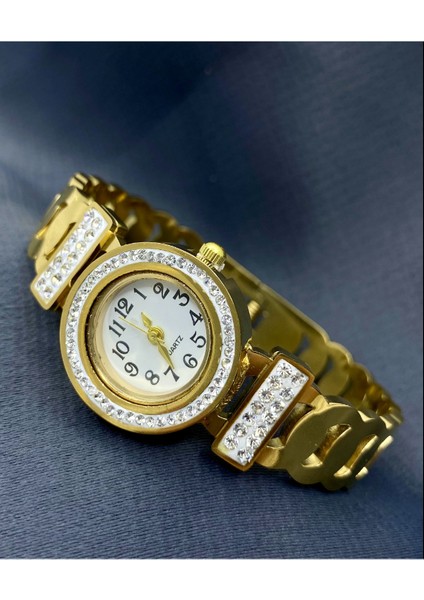 Gold Renk Çelik Taşlı Saat Kadın Cartier Kelepçe Bileklik