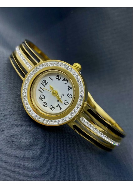 Gold Renk Çelik Taşlı Saat Kadın Cartier Kelepçe Bileklik