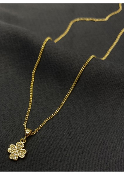 Gold Renk Yonca Yapraklı Zirkon Kolye
