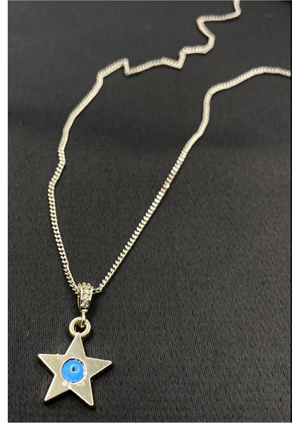 Gümüş Renk Ince Zincirli Yıldız Mavi Figürlü Zirkon Kolye