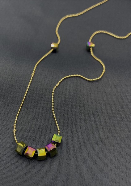 Gold Renk Zarif Zincirli Halogram Taşlı Zirkon Kolye