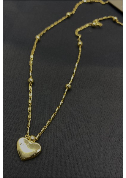 Gold Renk Mineli Zincir Kalp Figürlü Kolye