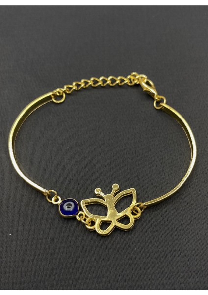 Gold Renk Kelebek Figürlü Nazar Boncuklu Kadın Bileklik