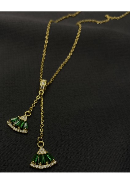 Gold Renk Yeşil Taşlı Sallantılı Zarif Çelik Abiye Kolye