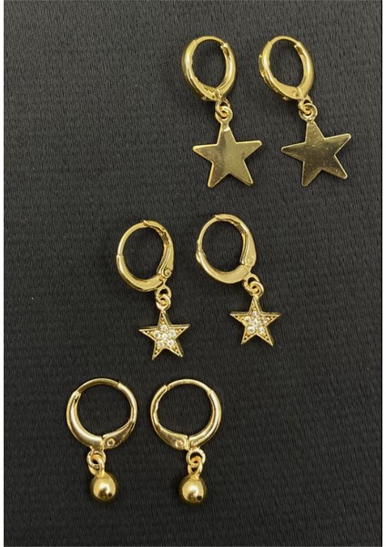 Gold Renk 6'lı Şekilli Zirkon Taşlı Küpe Seti