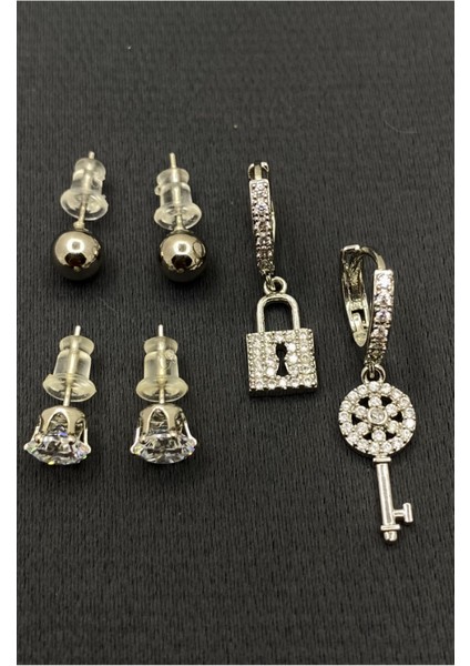 Gümüş Renk 6'lı Şekilli Zirkon Taşlı Küpe Seti