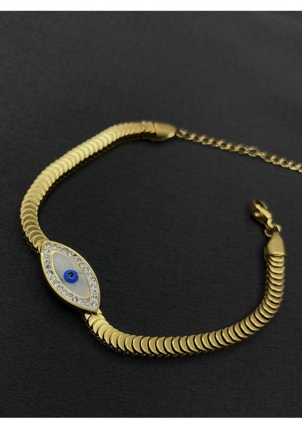 Gold Renk Göz Detaylı Taşlı Çelik Bileklik
