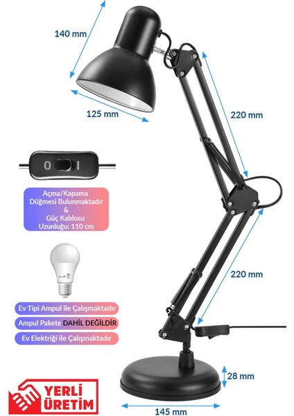 Masa Lambası Akrobat Yaylı Metal 360° Açılı Ayarlanabilir Hareketli Çalışma Masası Lambası Siyah