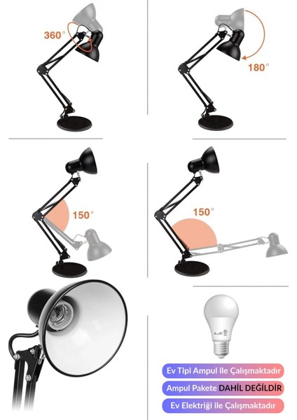 Masa Lambası Akrobat Yaylı Metal 360° Açılı Ayarlanabilir Hareketli Çalışma Masası Lambası Siyah