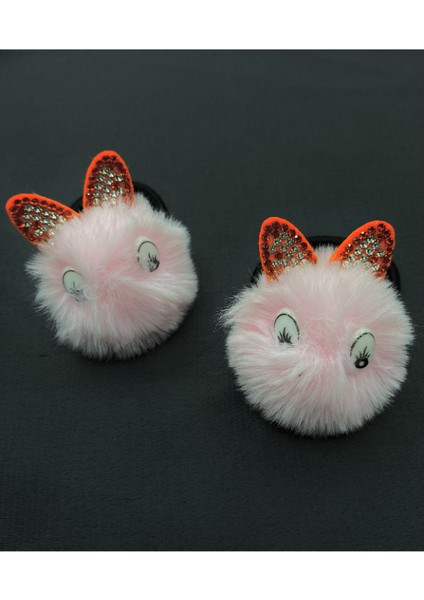 Pembe Ponponlu Gözlü Kulaklı Ikili Lastik Çocuk Tokası