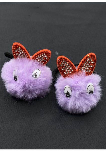 Mor Ponponlu Gözlü Kulaklı Ikili Lastik Çocuk Tokası