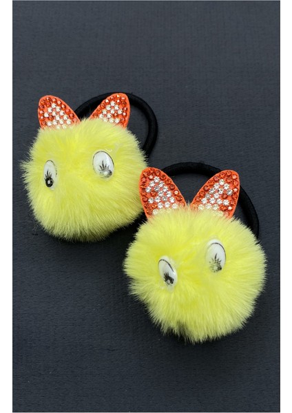 Sarı Ponponlu Gözlü Kulaklı Ikili Lastik Çocuk Tokası