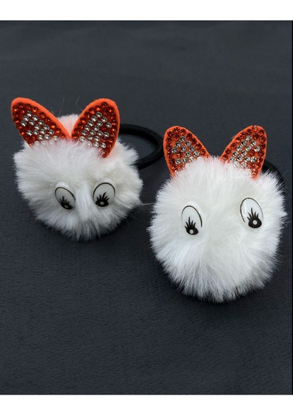 Beyaz Ponponlu Gözlü Kulaklı Ikili Lastik Çocuk Tokası