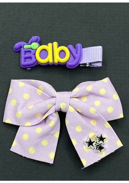Mor Baby Yazılı Tavşanlı Mor Kurdelalı Ikili Çocuk Saç Tokası