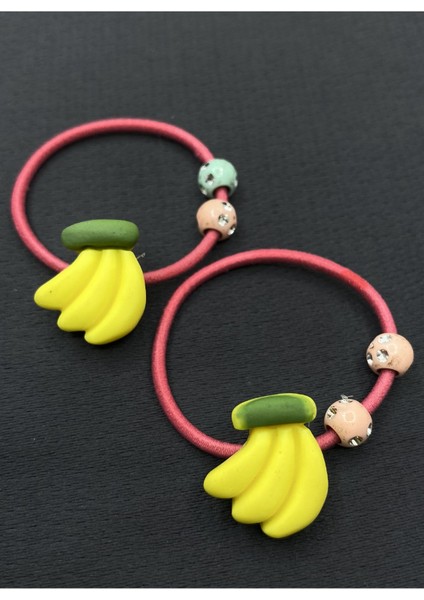 Pembe Renk Muz Figürlü Ikili Lastik Çocuk Saç Tokası