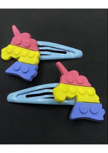 Mavi Renk LEGO Model Unicorn Çıt Çıtlı Ikili Çocuk Saç Tokası