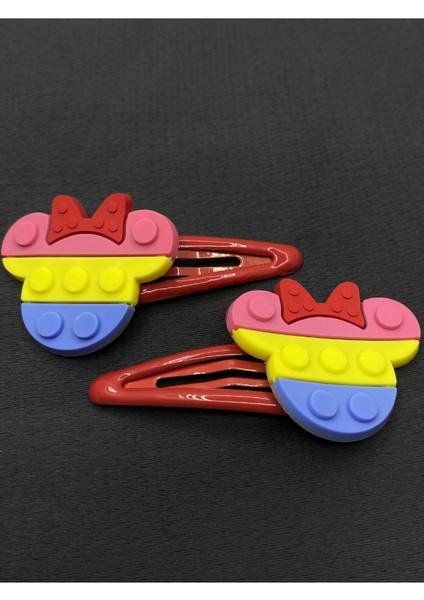 Kırmızı Renk LEGO Model Mickey Mouse Çıt Çıtlı Ikili Çocuk Saç Tokası