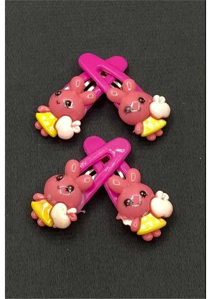 Pembe Renk Dörtlü Tavşan Çıt Çıt Çocuk Tokası 4cm