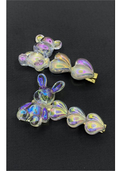 Parlak Sedef Renkli Ikili Tavşanlı Maşa Saç Tokası 7cm