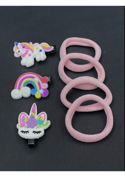 Pembe Havlu Tokalı Unicorn Maşalı Çocuk Saç Tokası Seti