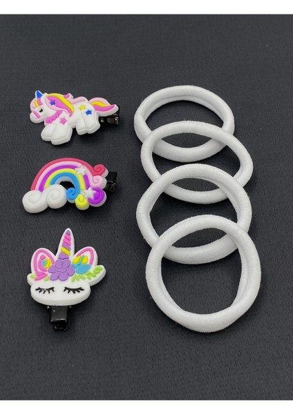 Beyaz Havlu Tokalı Unicorn Maşalı Çocuk Saç Tokası Seti