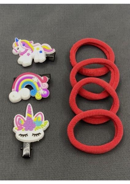 Kırmızı Havlu Tokalı Unicorn Maşalı Çocuk Saç Tokası Seti