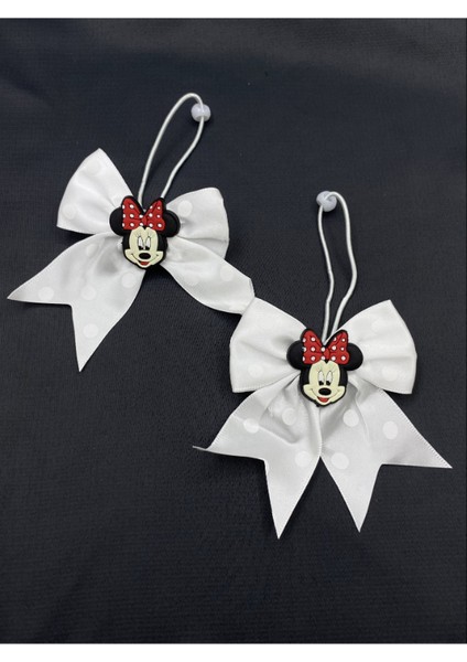 Minnie Mouse'lu Beyaz Kurdelalı Lastikli Çocuk Saç Tokası