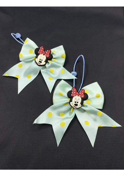 Minnie Mouse'lu Yeşil Kurdelalı Lastikli Çocuk Saç Tokası