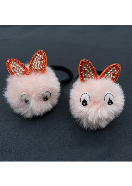 Pembe Ponponlu Gözlü Kulaklı Ikili Lastik Çocuk Tokası