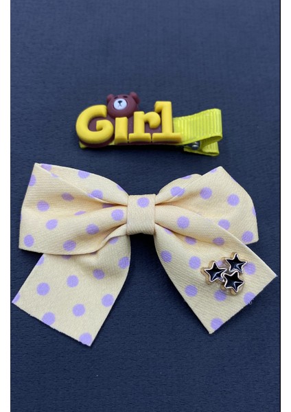 Sarı Girl Yazılı Ayıcıklı Kurdelalı Ikili Çocuk Saç Tokası