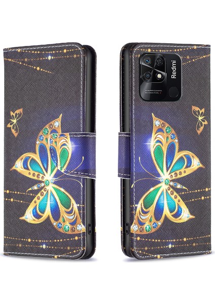 Xiaomi Redmi Için 10C Pu Deri Desen Baskı Kılıfı Telefon Stand Cüzdan Kapak-Yahudi Kelebek (Yurt Dışından)