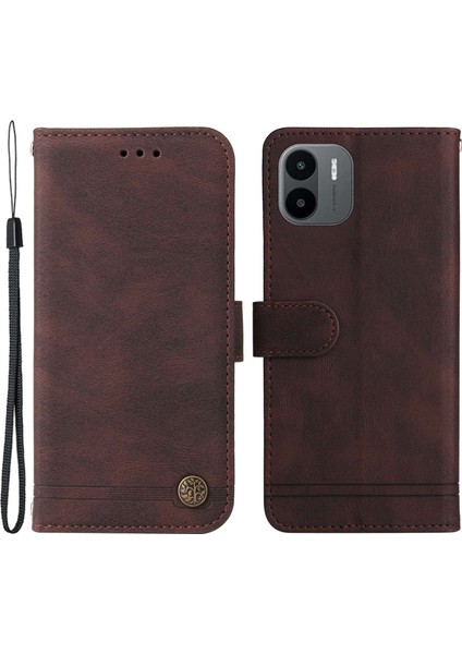 Xiaomi Için Redmi A1 4g/a2 4g Ağaç Desen Metal Düğmesi Cilt Touch Telefon Kılıfı Pu Deri Çizgiler Baskılı Manyetik Tokalı Cüzdan Stand Kapağı Strap-Brown (Yurt Dışından)