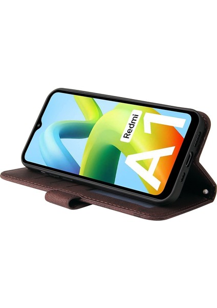 Xiaomi Için Redmi A1 4g/a2 4g Ağaç Desen Metal Düğmesi Cilt Touch Telefon Kılıfı Pu Deri Çizgiler Baskılı Manyetik Tokalı Cüzdan Stand Kapağı Strap-Brown (Yurt Dışından) modelleri