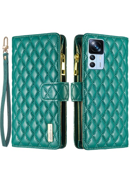 Xiaomi Için Telefon Kılıfı 12T 5g/redmi K50 Ultra 5G/12T Pro 5g Şok Geçirmez Stand Baskılı Rhombus Desen Fermuar Cep Deri Deri Cüzdan Kapak Yeşili (Yurt Dışından)