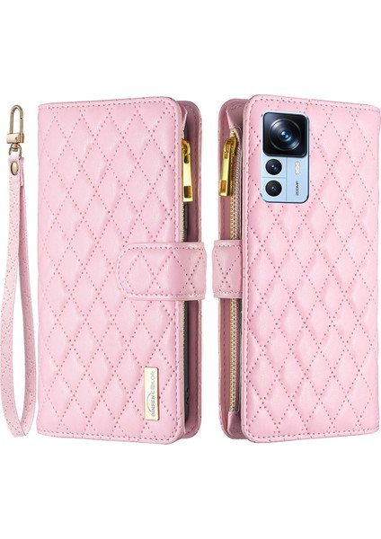 Xiaomi Için Telefon Kılıfı 12T 5g/redmi K50 Ultra 5G/12T Pro 5g Şok Geçirmez Stand Baskılı Rhombus Desen Fermuar Cep Deri Deri Kapak Pembe (Yurt Dışından)