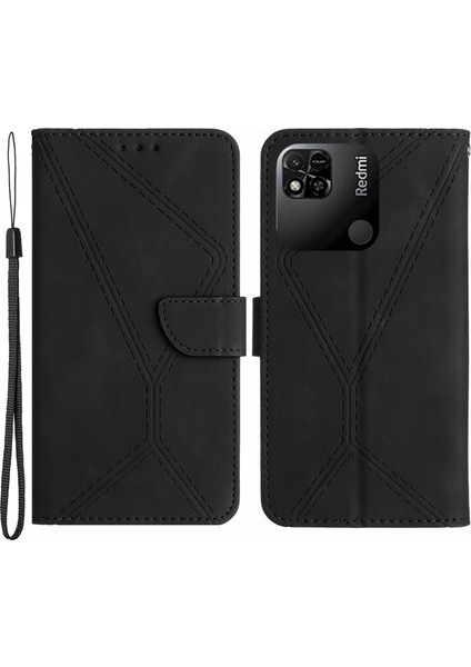 HT05 Cüzdan Stand Telefon Kılıfı Xiaomi Redmi 10A Baskılı Hat Cilt Touch Pu Deri Kapak Black (Yurt Dışından)