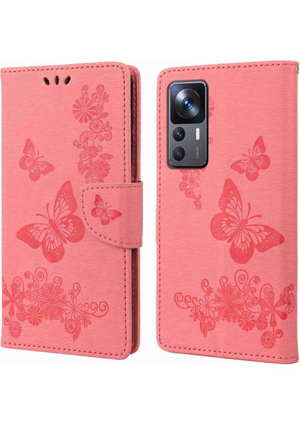 Xiaomi Için 12T 5g/redmi K50 Ultra 5g Kelebekler Çiçek Baskı Şok Geçirmez Cüzdan Kılıf Pu Deri Deri Stand Manyetik Kapanış Flip Folio Telefon Kapak Pink (Yurt Dışından)