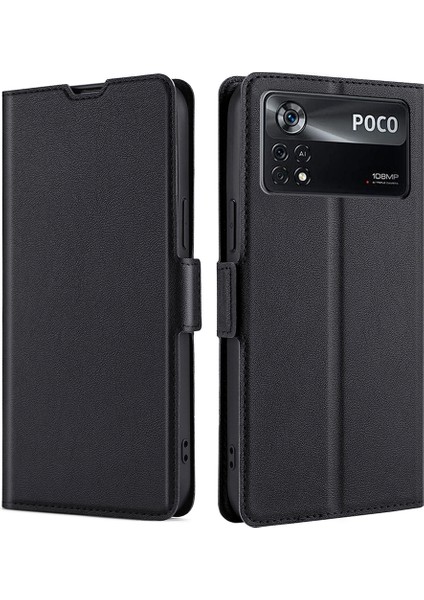 Xiaomi Poco X4 Pro 5g Tarafı Ultra-Ince Pu Deri Dalda Damla Geçirmez Telefon Kapağı Stand Kartı Slot-Black Için Manyetik Kapatma Koruyucu Kılıf (Yurt Dışından)
