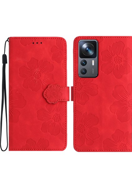Xiaomi 12T 5G/12T Pro 5g/redmi K50 Ultra Stand Telefon Kılıf Çiçekleri Baskılı Pu Deri Cüzdan Kapak-Kırmızı (Yurt Dışından)