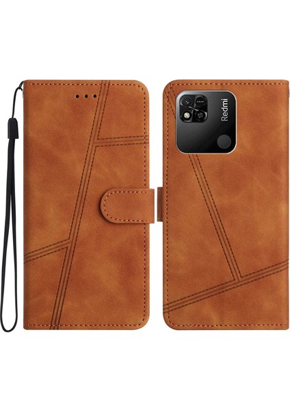 Xiaomi Için Redmi 10A Cep Telefonu Kılıf Cüzdan Cilt Touch Hissed Hisset Retro Pu Deri Dikiş Hattı Dekor Telefon Kapak Kahverengi (Yurt Dışından)