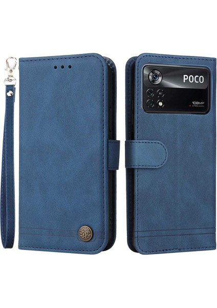 Xiaomi Için Poco X4 Pro 5g Ağaç Desen Metal Düğmesi Şok Geçirmez Deri Telefon Kılıfı Stand Cüzdan Kapağı Kayış Mavisi (Yurt Dışından)