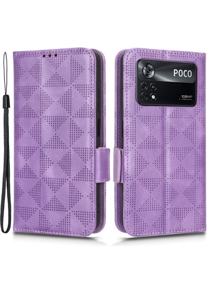 Xiaomi Poco X4 Pro 5g Folio Foli Pu Deri Deri Stand Kılıfı Baskılı Üçgen Desen Telefon Cüzdan Kapak-Morası (Yurt Dışından)