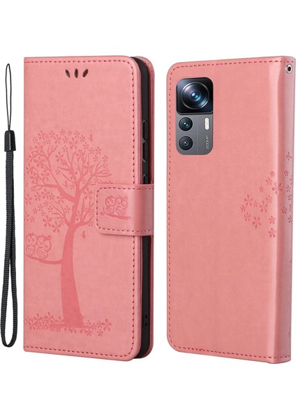 Xiaomi 12T 5g/redmi K50 Ultra 5G/12T Pro 5g Pu Deri Deri Baskılı Baykuş Ağacı Desen Kılıf Anti-Çizelge Cüzdan Stand Manyetik Toka Kapak-Pembe (Yurt Dışından)