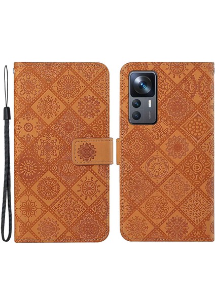 Xiaomi 12T 5G/12T Pro 5g/redmi K50 Ultra 5g Mıknatıs Toka Etnik Baskıda Baskı Cüzdan Eller Seçim Deri Kılıf Strap-Brown (Yurt Dışından)