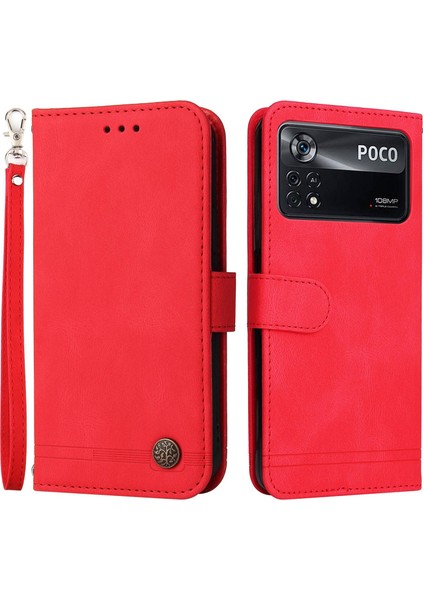 Xiaomi Için Poco X4 Pro 5g Ağaç Desen Metal Düğmesi Şok Geçirmez Deri Telefon Kılıfı Stand Cüzdan Kapağı Strap-Red ile (Yurt Dışından)