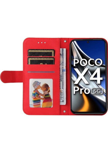 Xiaomi Için Poco X4 Pro 5g Ağaç Desen Metal Düğmesi Şok Geçirmez Deri Telefon Kılıfı Stand Cüzdan Kapağı Strap-Red ile (Yurt Dışından) modelleri